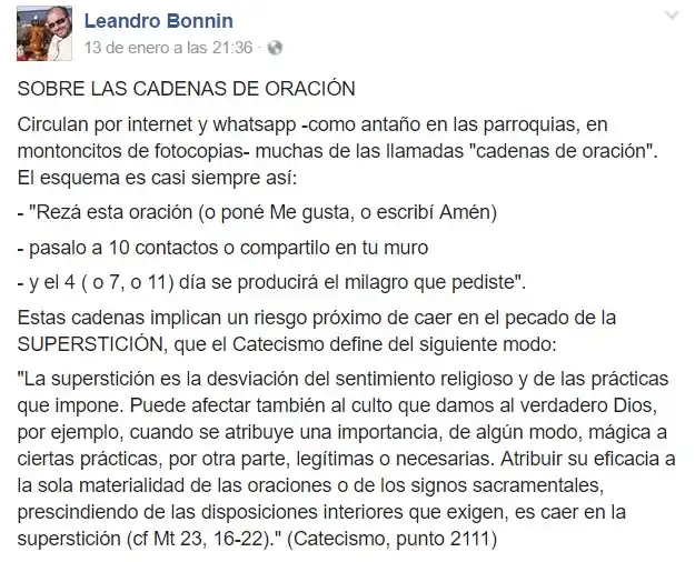 Un sacerdote se refirió a las habituales cadenas de oración que circulan por las redes sociales