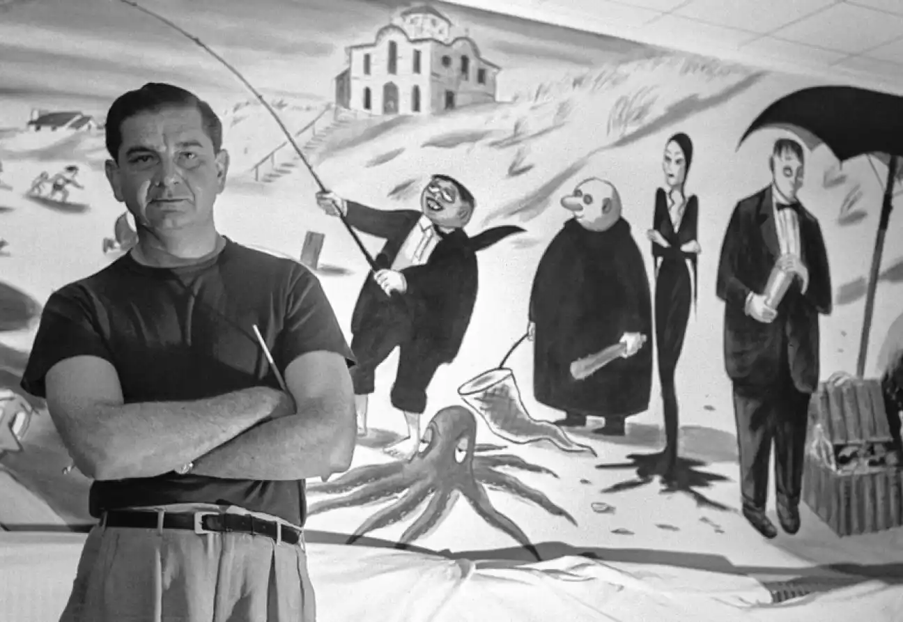 Charles Addams con sus clásicos personajes, creados en 1938 para The New Yorker.