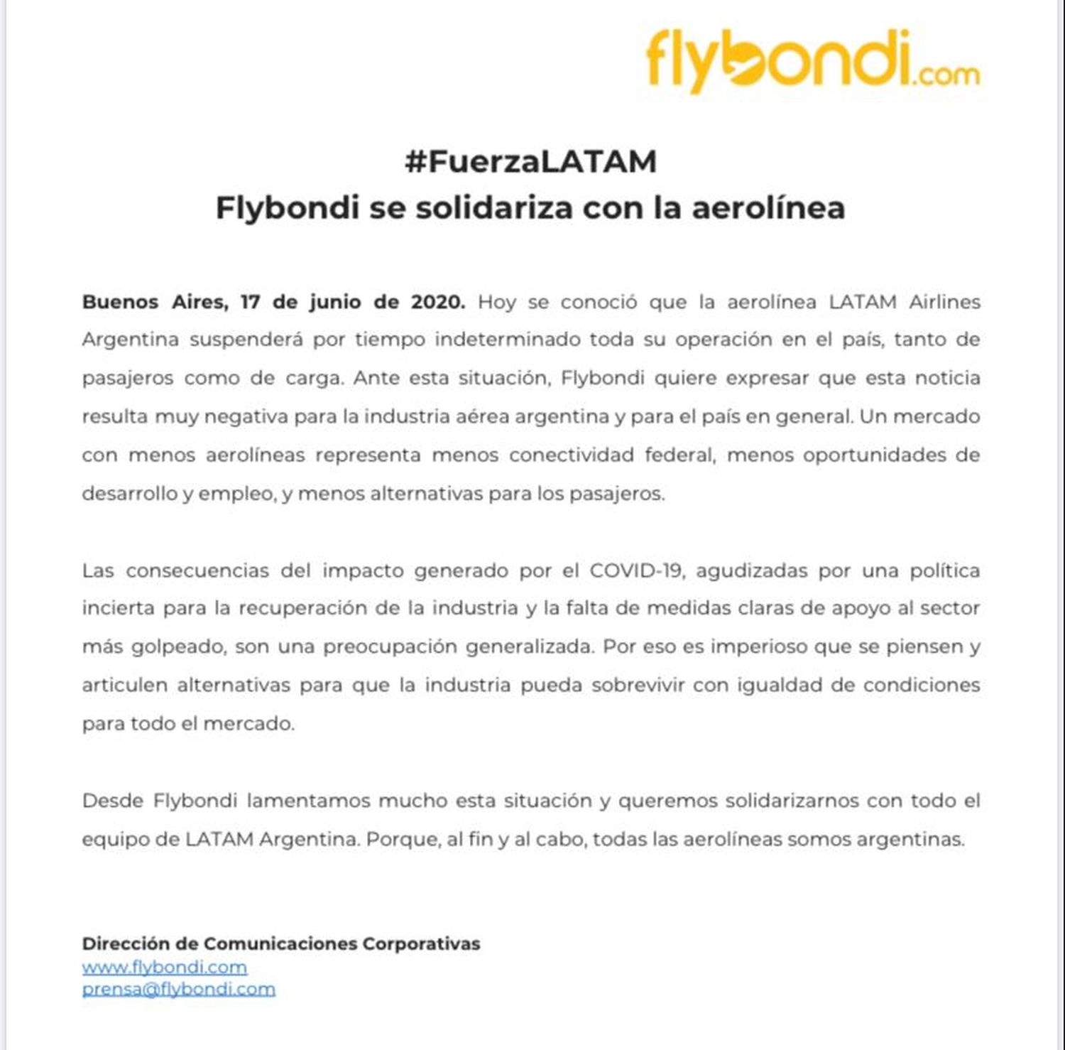 Flybondi se solidariza con LATAM Argentina