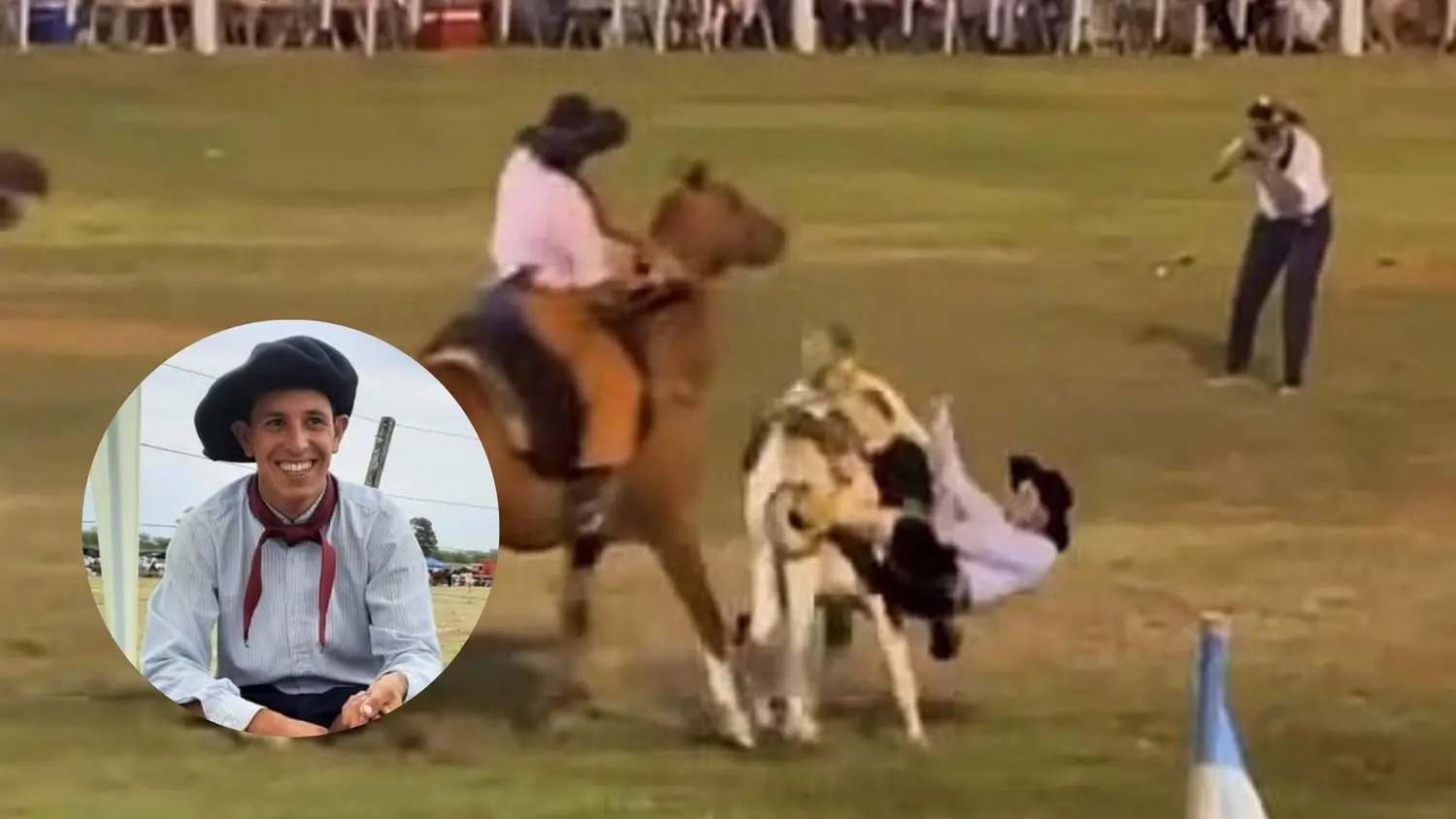 La imagen muestra cuando Lito Fernández pierde el control del caballo y queda enganchado de un estribo.