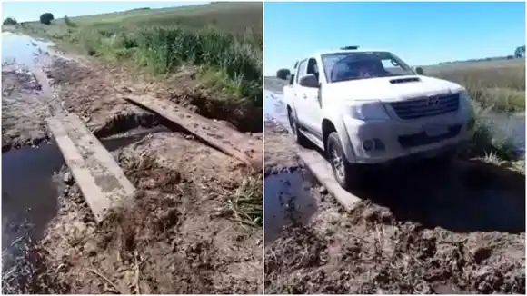 Malabares sobre la Ruta 18: video muestra el curioso método de los vecinos para cruzar un camino rural inundado