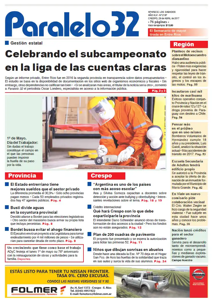 La tapa de este sábado de la edición Crespo de Paralelo 32