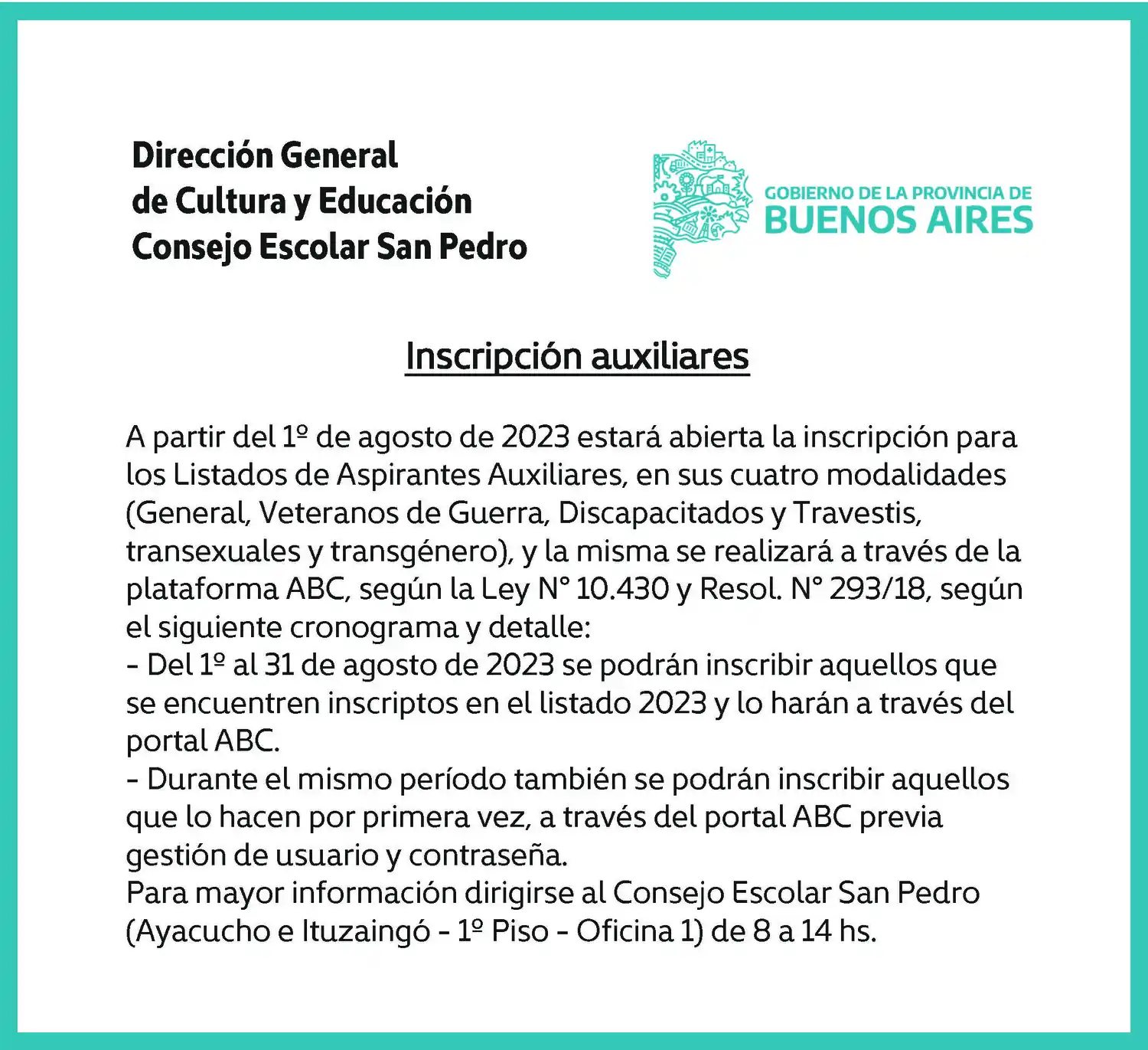 [Publicación Oficial] Consejo Escolar San Pedro: Apertura de inscripción de auxiliares