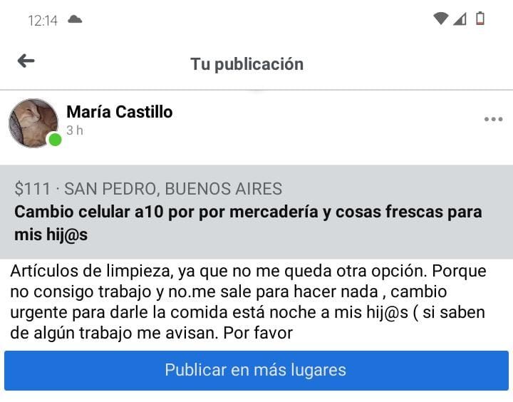 Cambia su celular por mercadería para sus hijos