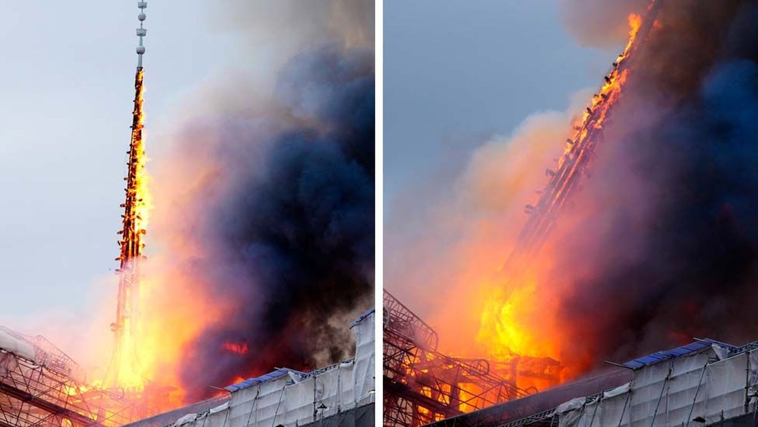 Fire engulfed the historic dragon spire which then collapsed