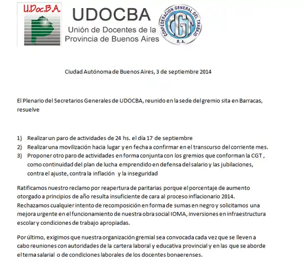 Docentes de Udocba convocaron a un paro para el 17 de septiembre