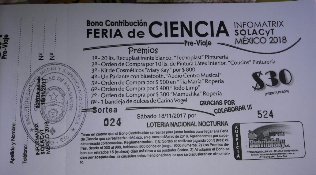 Bono a beneficio para participar de la Feria Latinoamericana de Ciencias Infomatrix