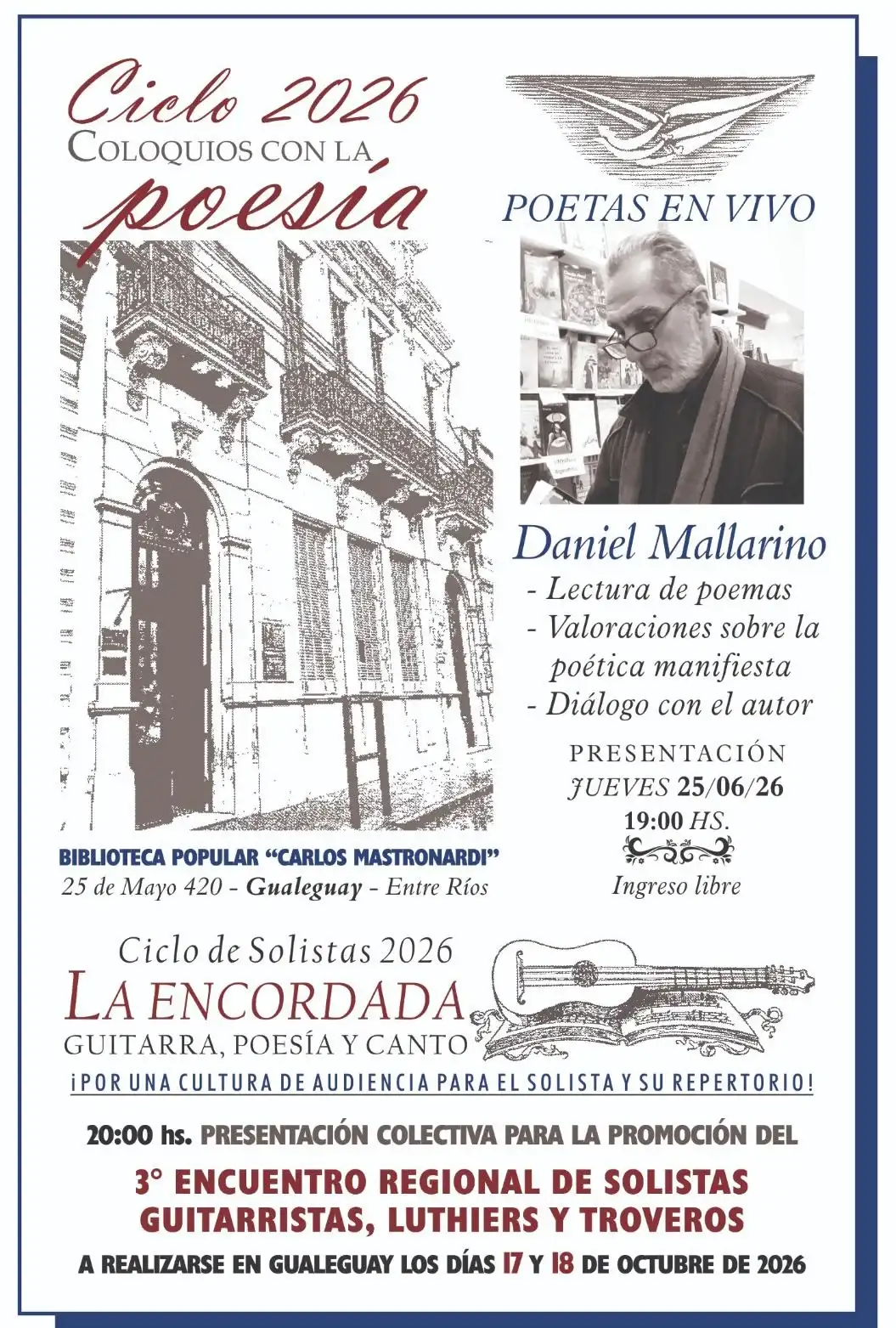 Poesía en vivo y música litoraleña esta tarde en la Biblioteca Mastronardi
