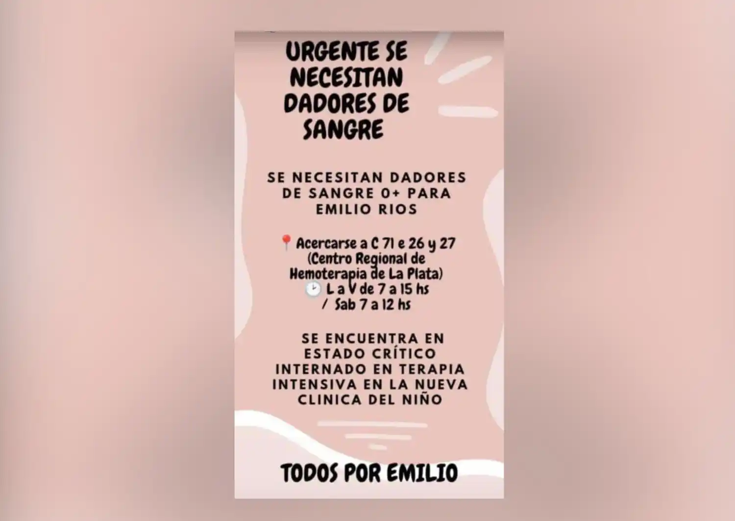 Piden dadores de sangre 0+ para Emilio Ríos