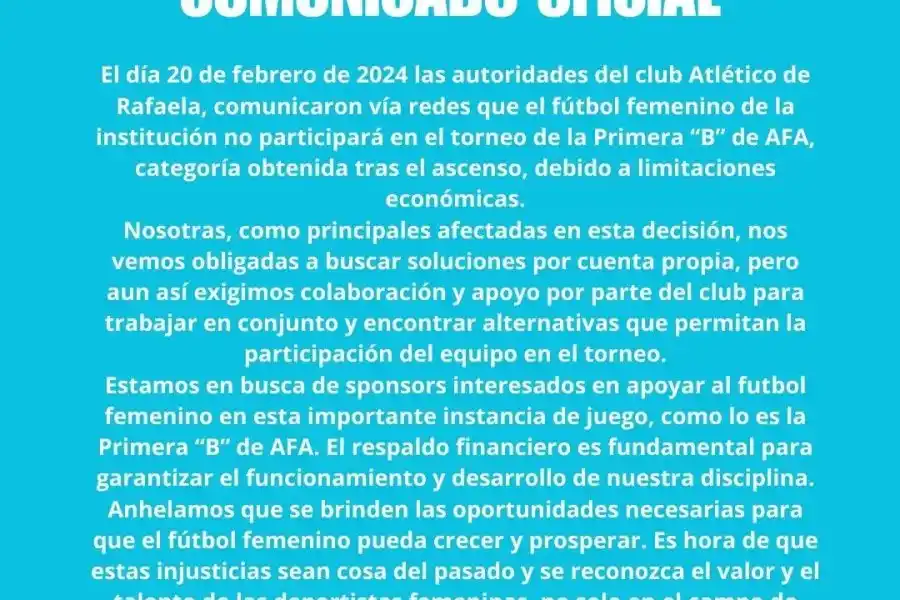Comunicado plantel femenino de AR