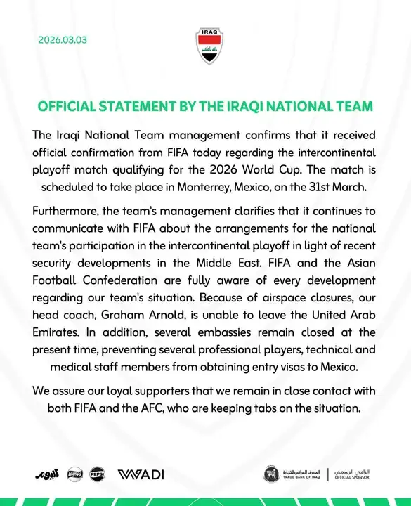 Comunicado Federación Iraquí de fútbol.