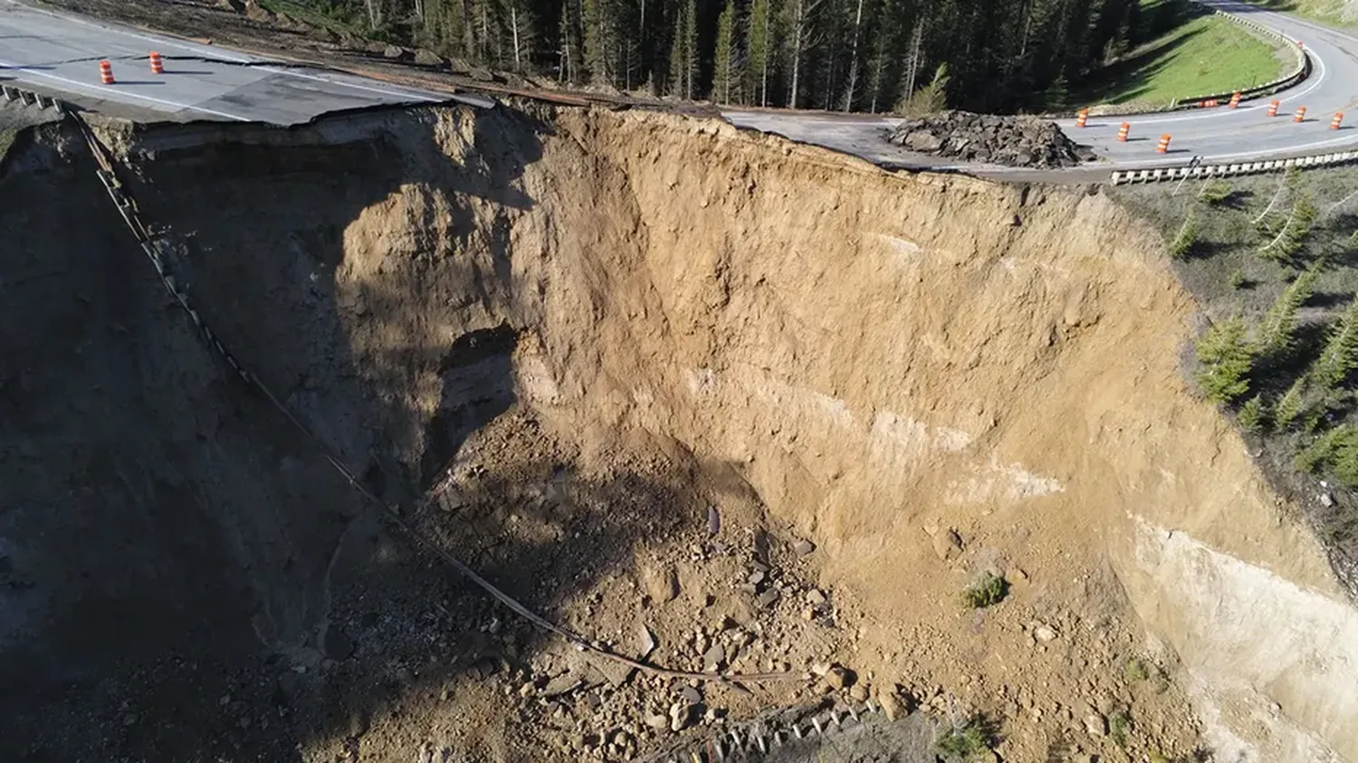 A large section of the roadway along Teton Pass in Wyoming collapsed in a landslide on Saturday. (Wyoming Department of Transportation)