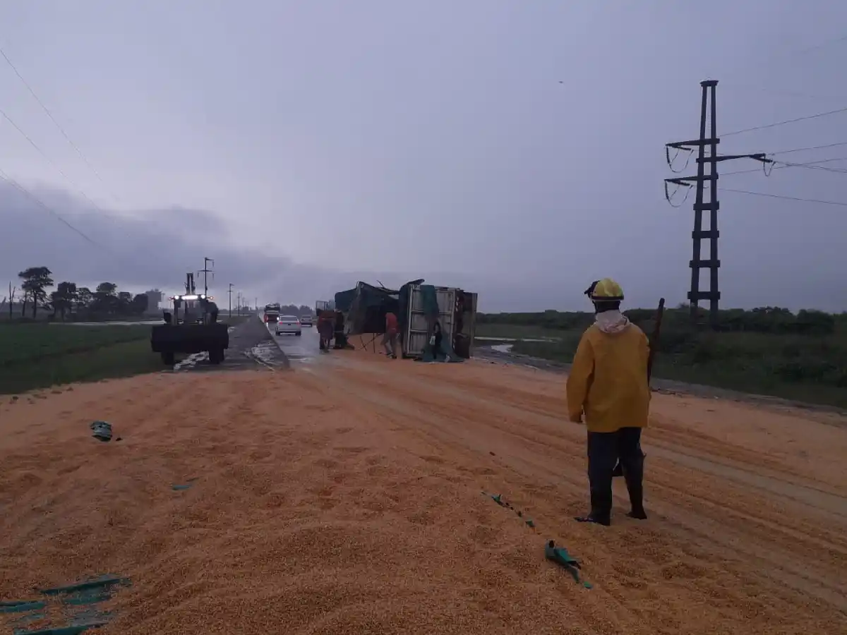 Tumbó un camión y su carga  de maíz quedó sobre la Ruta 1