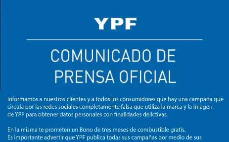 YPF advierte a sus clientes por una campaña falsa que circula en redes sociales con fines delictivos