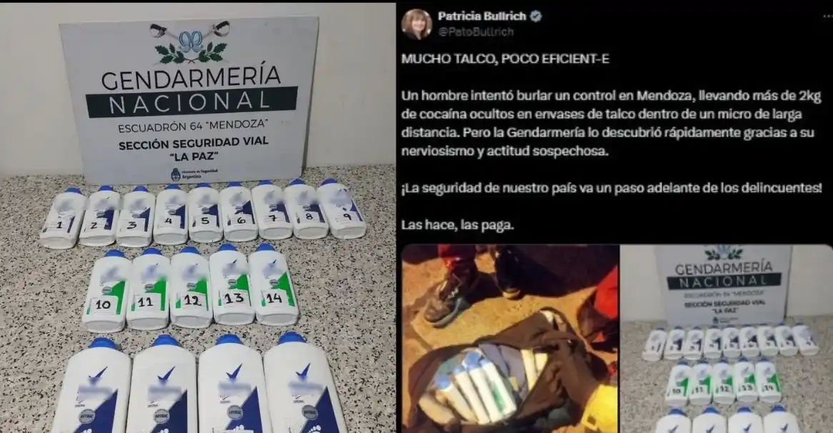Los 18 empaques de talcos incautados y el tuit de Patricia Bullrich.