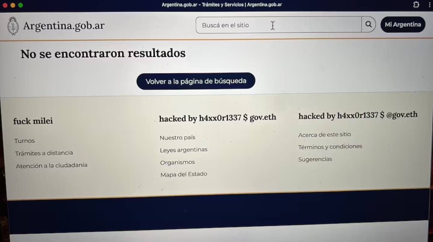 Así apareció el sitio web de Mi Argentina tras el ataque cibernético.