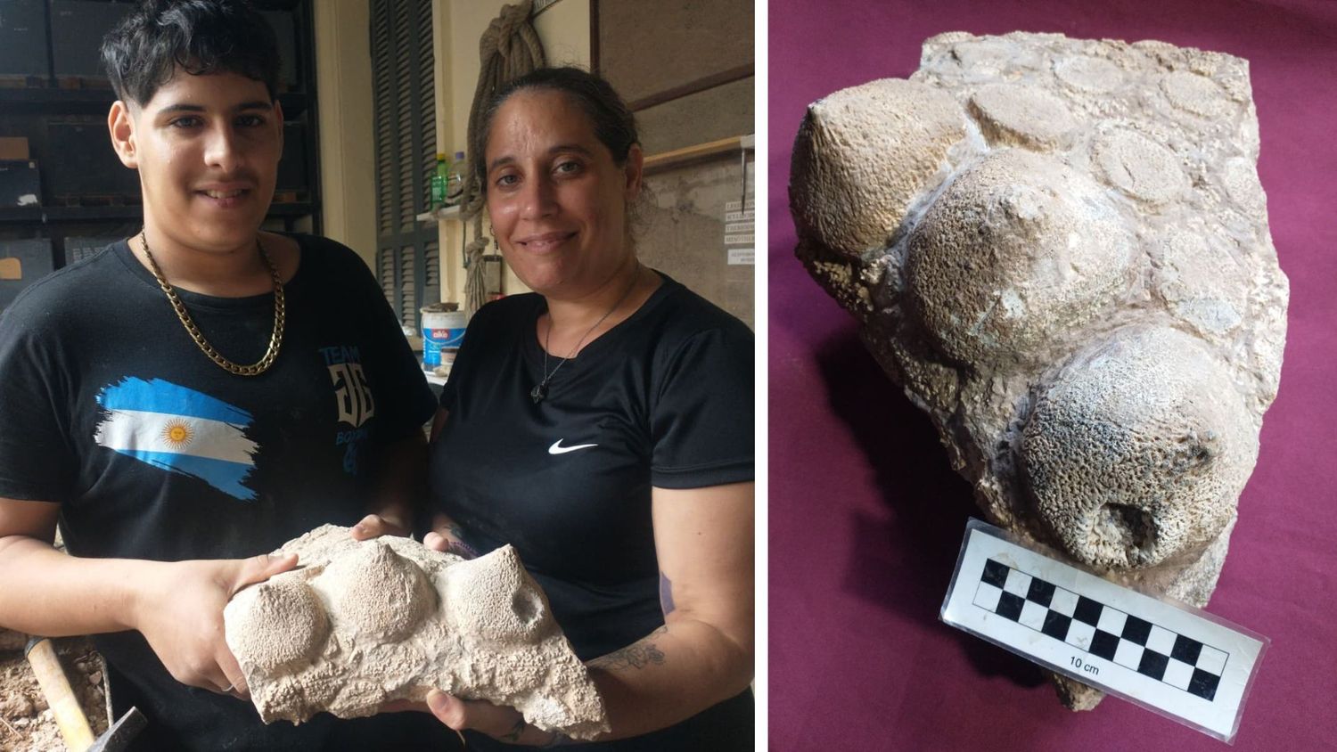 Juan Cabrera y Daniela Giménez muestran la pieza del caparazón de gliptodonte hallado en una tosquera.