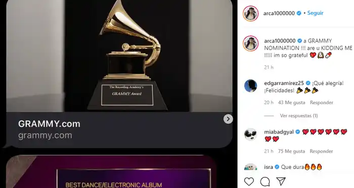 Arca agradeció la nominación. Foto: Instagram