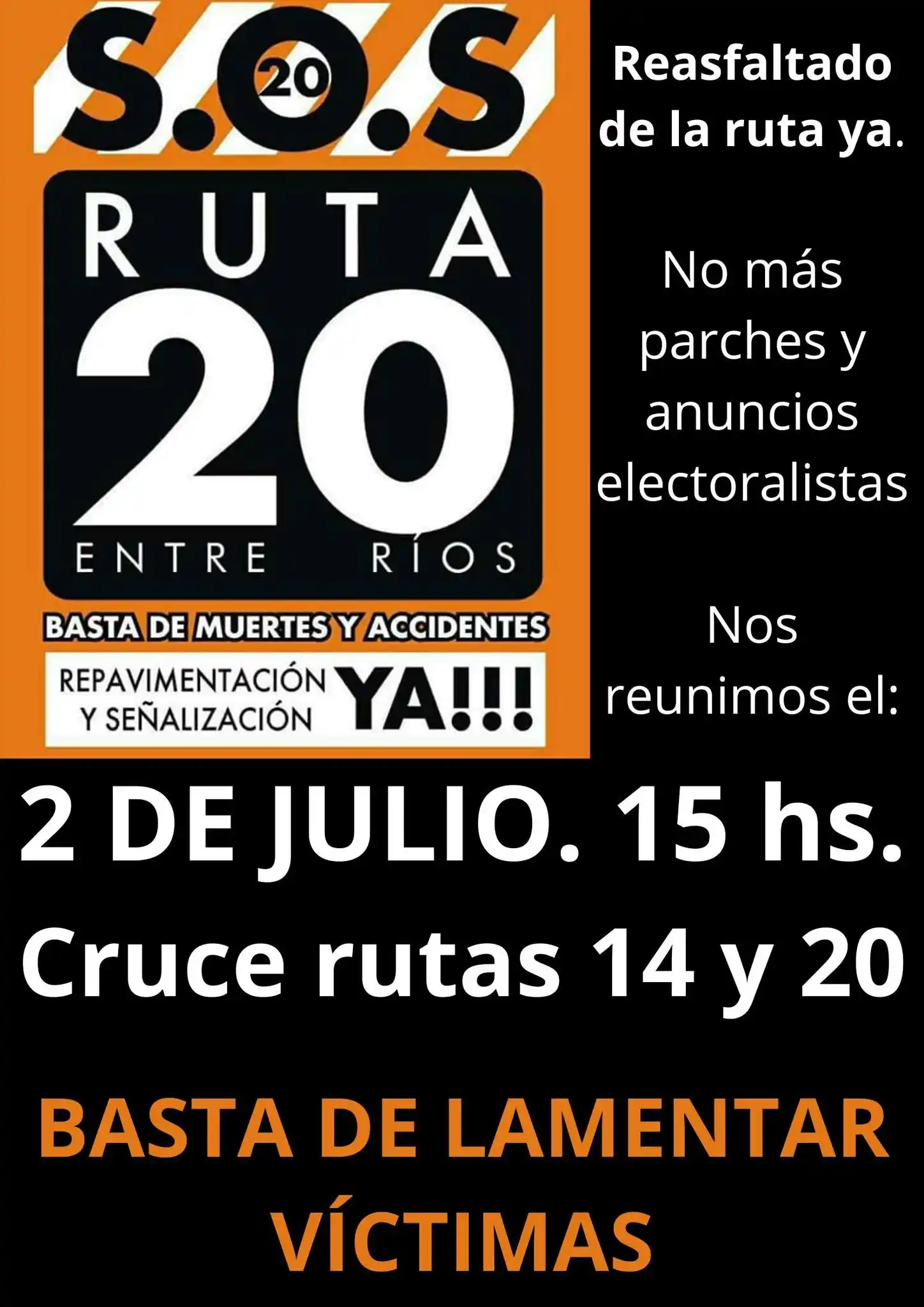Piden la urgente repavimentación y señalización de la Ruta 20: Habrá movilización