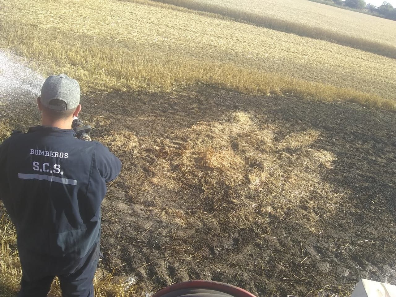 Por una falla mecánica en una máquina, se prendió fuego un campo con rastrojo de trigo