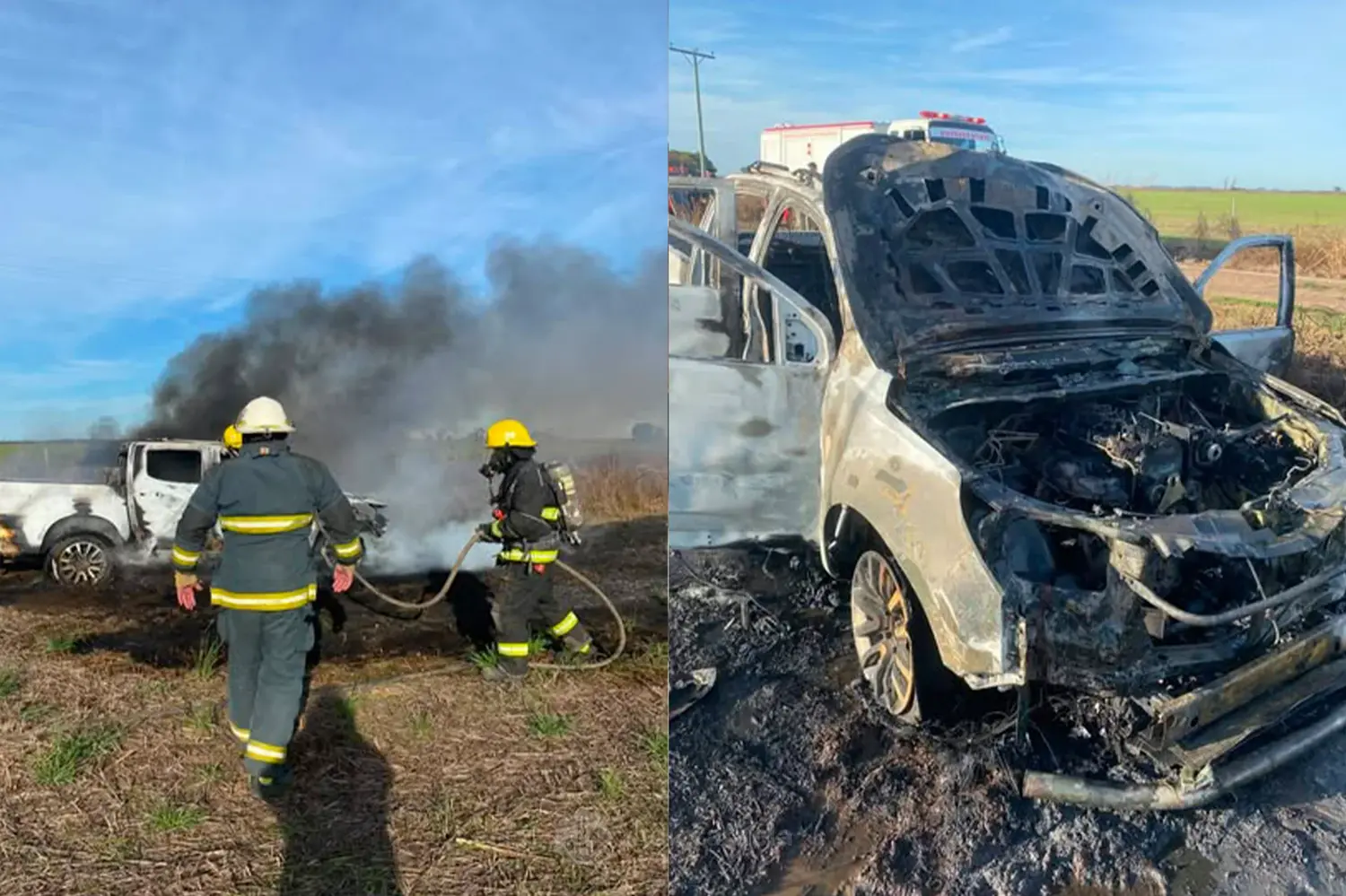 Una camioneta despistó, terminó dentro de un campo y se prendió fuego