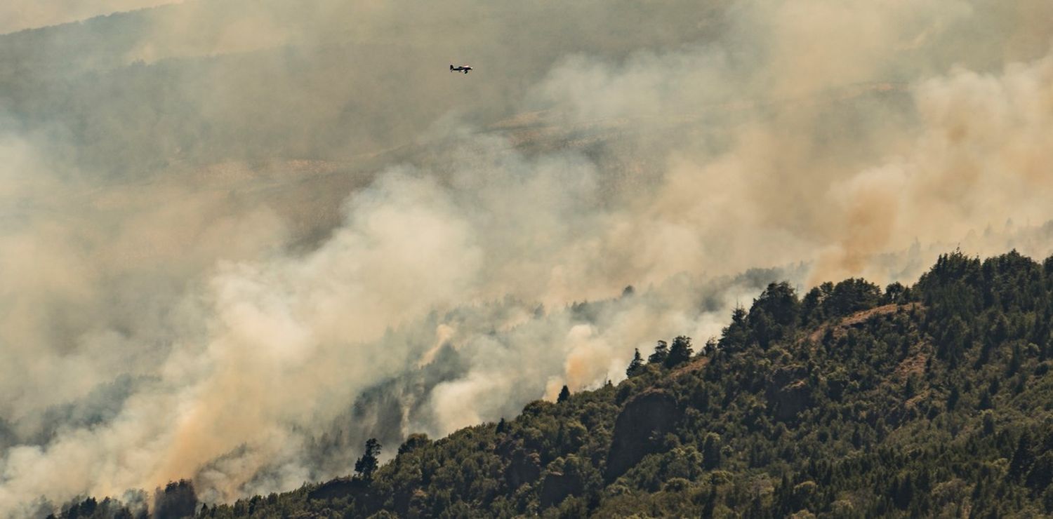 Un avión sobrevolando el incendio del Parque Nacional Los Alerces