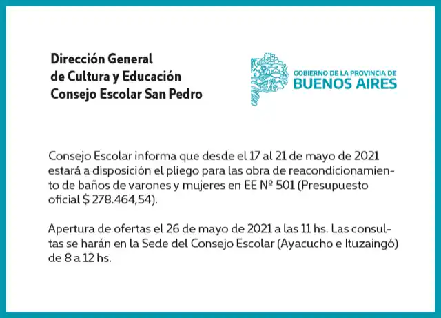 [Publicación Oficial] Informe Consejo Escolar: pliegos para reacondicionamiento de baños en EE 501