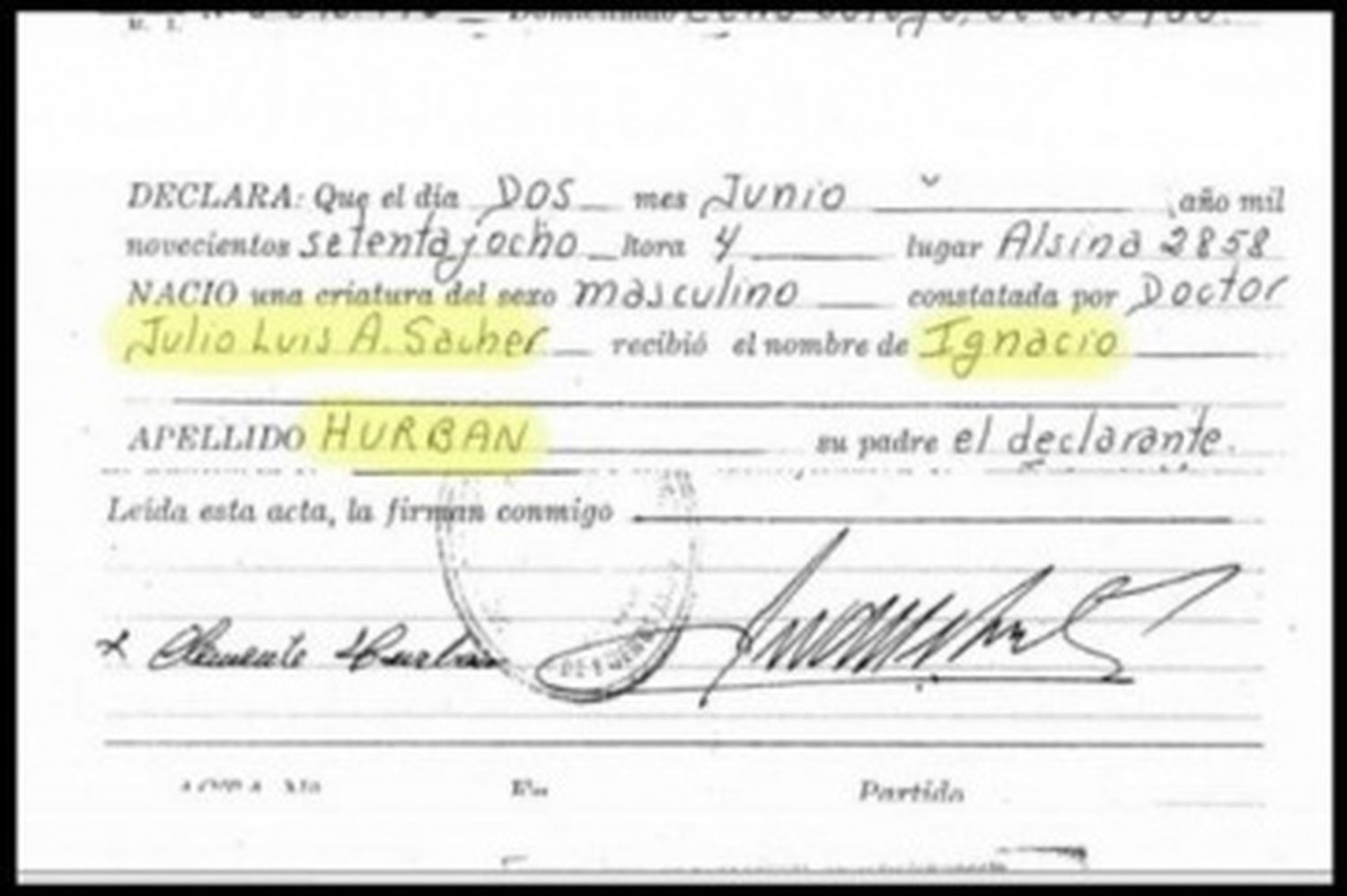 Encontraron acta de nacimiento de Ignacio Hurban