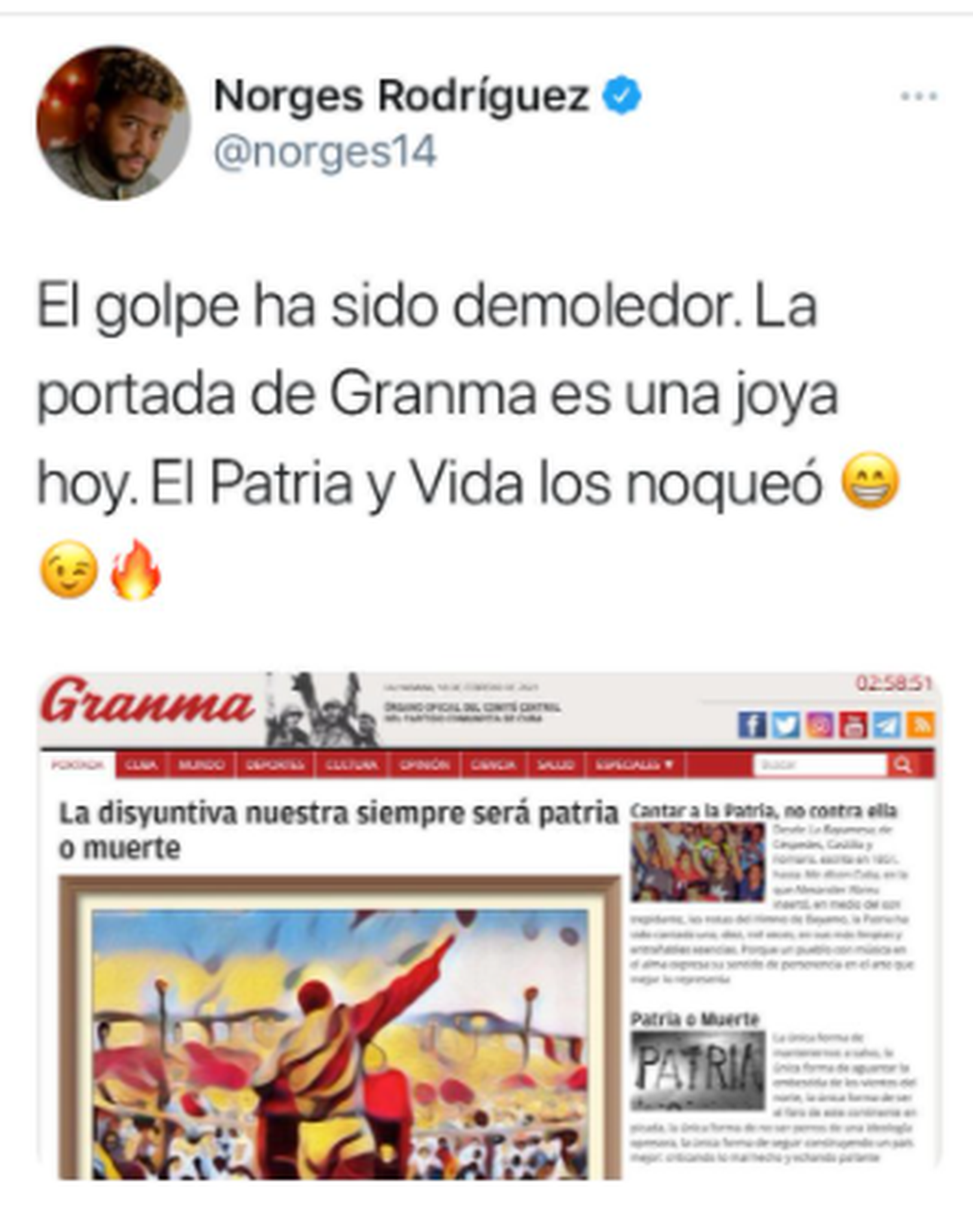 En Twitter esta publicación sobre Patria y vida se hizo viral.