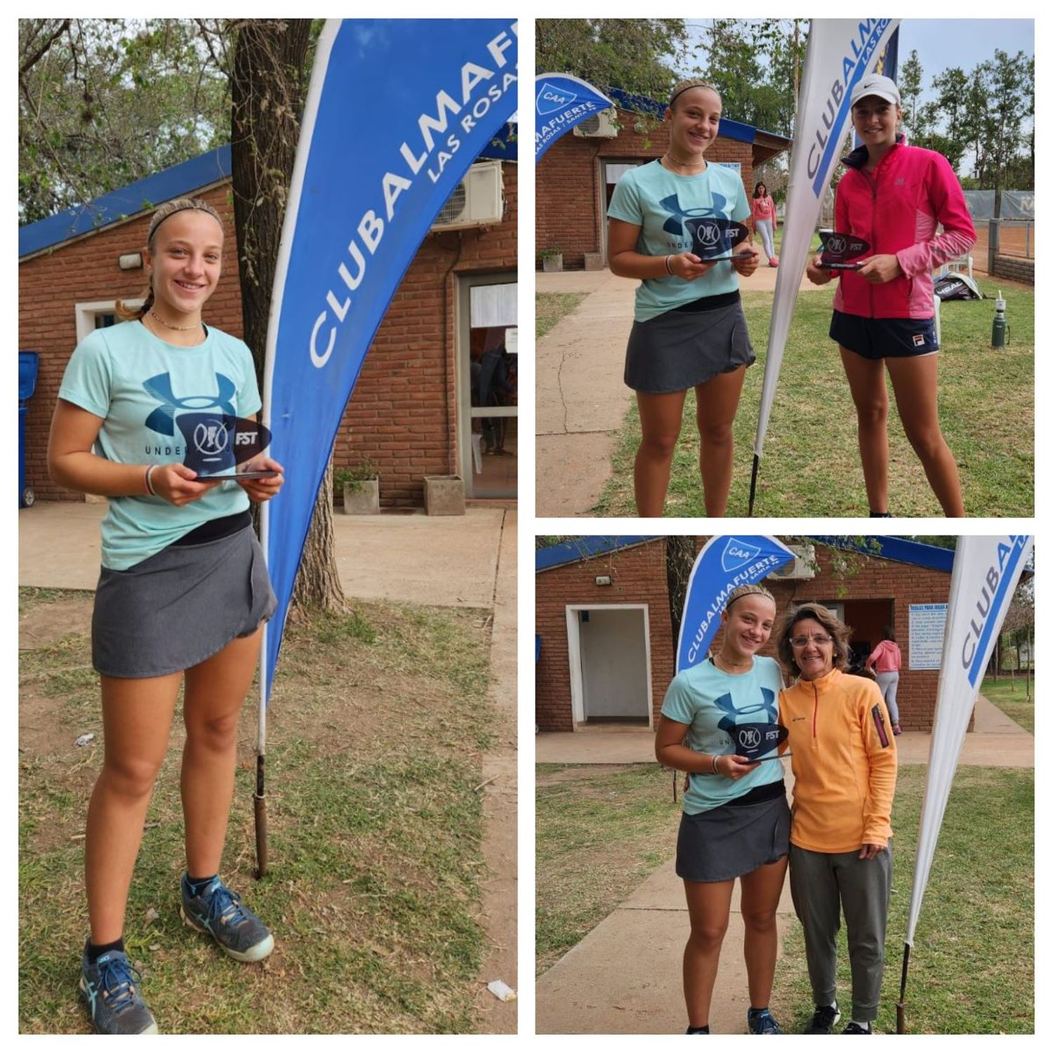 En la gráfica se la puede ver a Josefina con su trofeo de single, con su compañera de dobles y con la responsable de la Escuela Tennis Team: profesora María Laura Harispe.