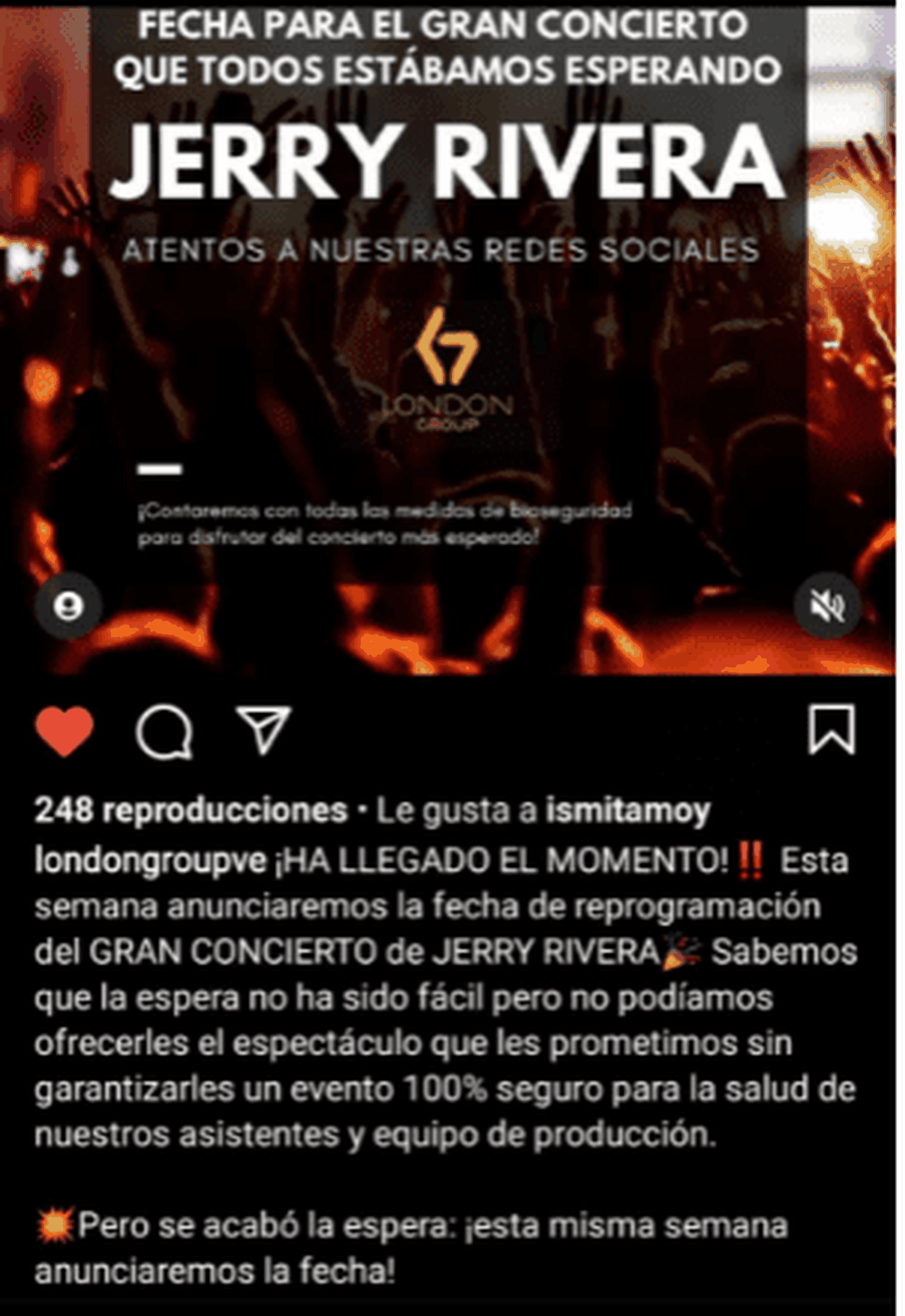 La semana pasada los organizadores habían dicho en Instagram que sería reprogramada la fecha del show de Jerry Rivera. 