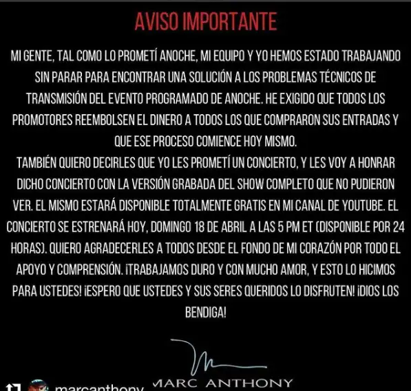 Marc Anthony tendrá disponible su concierto gratis por 24 horas. Foto: Instagram