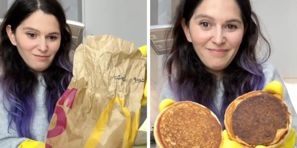 La mujer mostró las bolsas con  hamburguesa de Burger King y McDonald's.