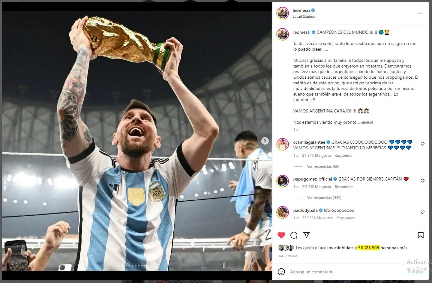 La foto de Messi con la Copa del Mundo rompió el récord de likes en Instagram