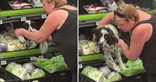 Una mujer saca a un perro atrapado en la sección de verduras del supermercado