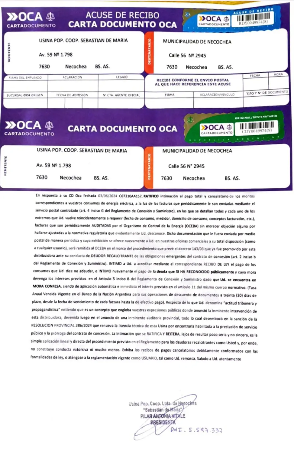 La carta documento enviada por la Usina