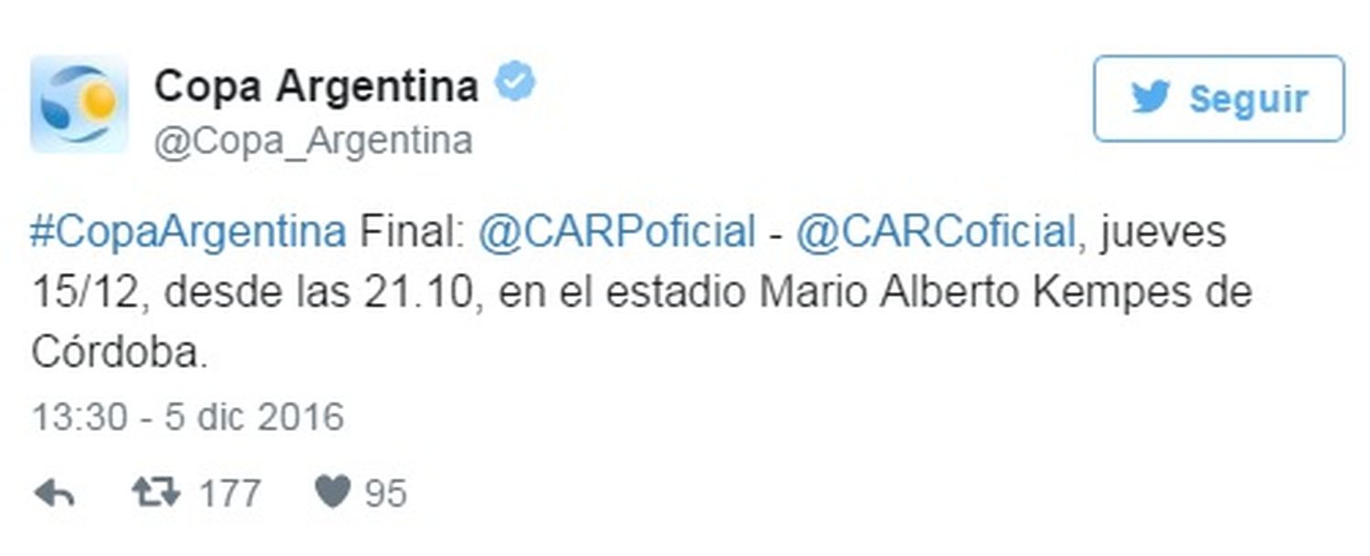 La final de la Copa Argentina entre River y Central ya tiene fecha y lugar
