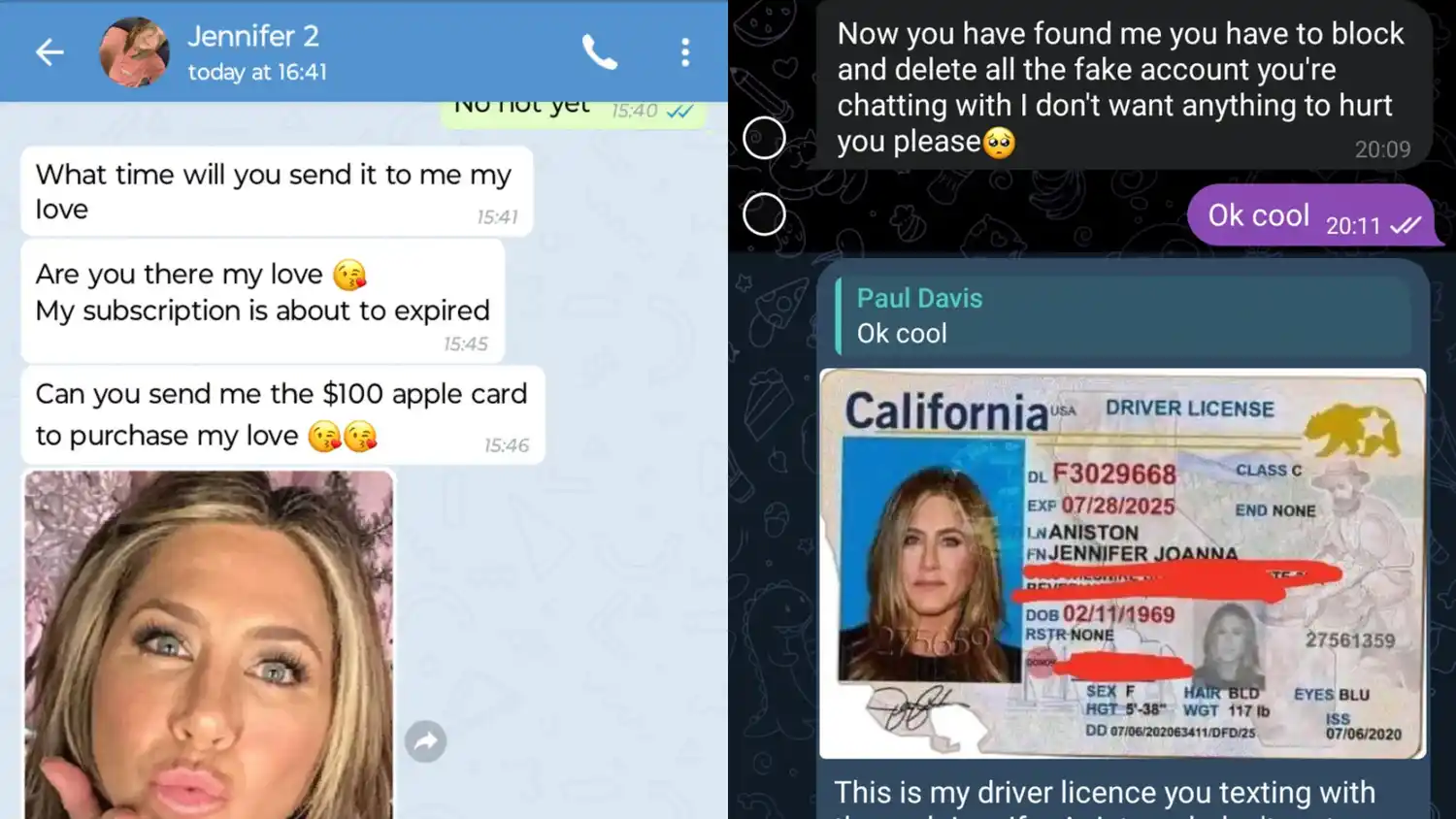 La falsa Jennifer Aniston le pedía dinero para “suscripciones a Apple”.