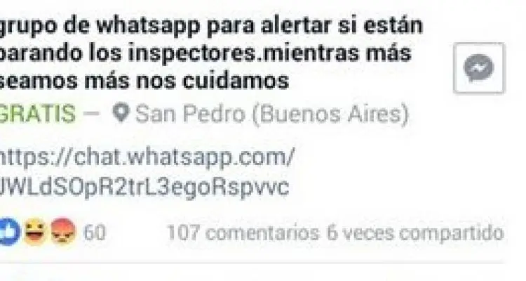 Hay un grupo de whapp que alerta sobre operativos de inspección de tránsito