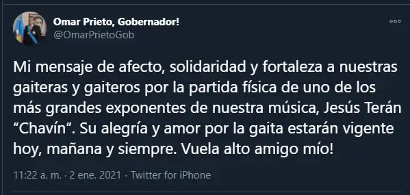 El gobernador del Zulia lamentó la muerte de Chavín. Foto: Twitter