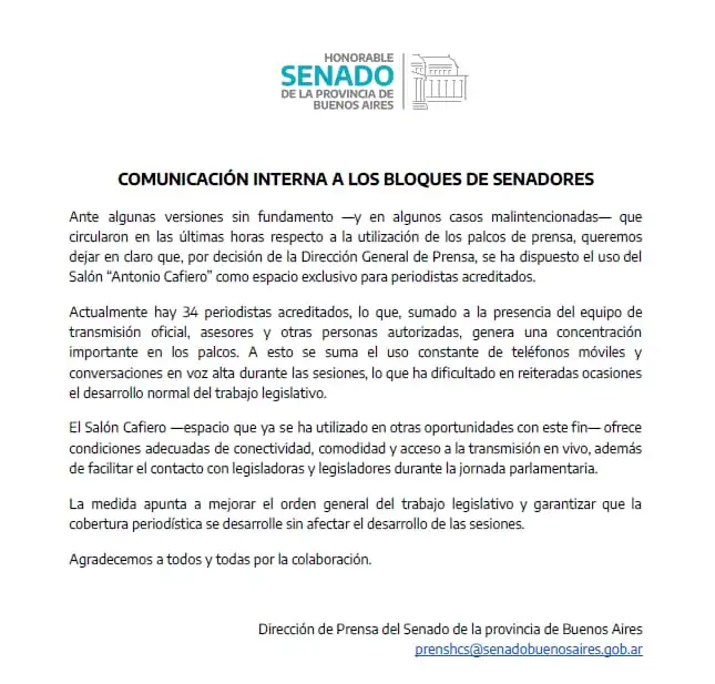 El comunicado interno de la dirección de Prensa del Senado de la provincia de Buenos Aires.