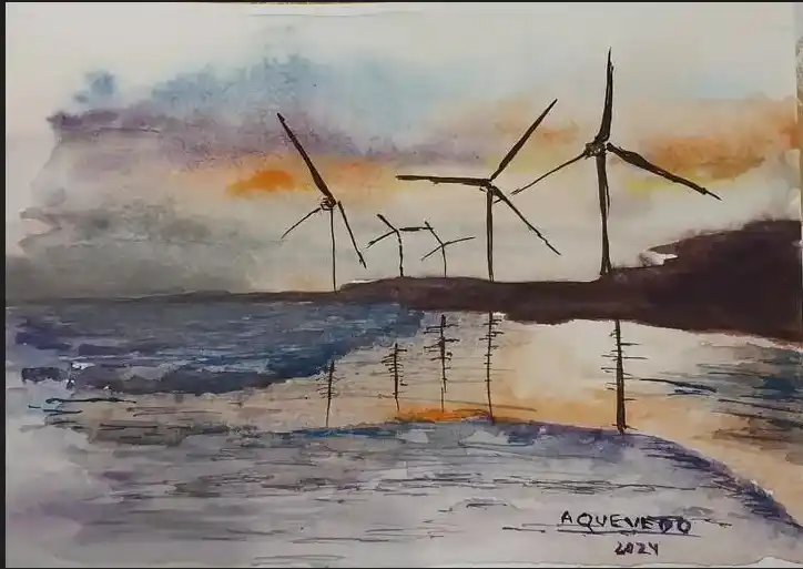 Una obra propia. El mar, el paraje Punta Negra y los molinos eólicos en los alrededores