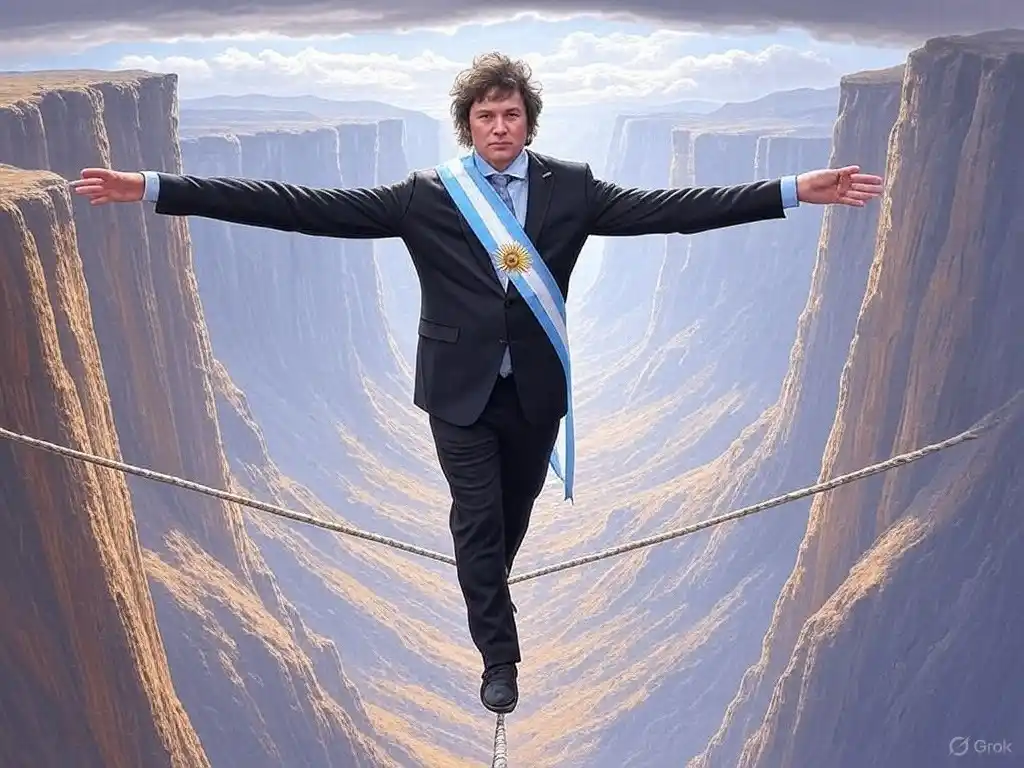 Equilibrio. El gobierno de Milei enfrenta varios desafíos. Imagen generada por IA.