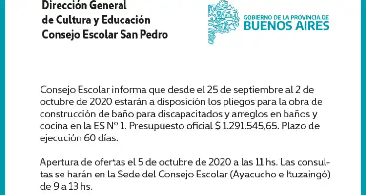 [Publicación Oficial] Informe Consejo Escolar: Pliegos disponibles para obras en la ES N° 1
