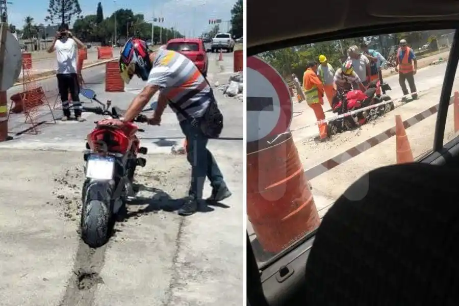 Es viral y pasó en Rafaela: no vio que recién habían pavimentado la calle y se incrustó con su moto en cemento fresco