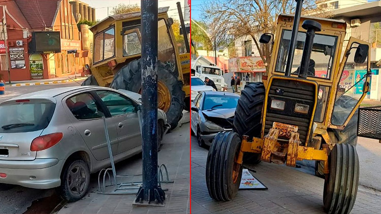 Video: un tractor en marcha, sin chofer y fuera de control, se estampó contra un auto en pleno centro