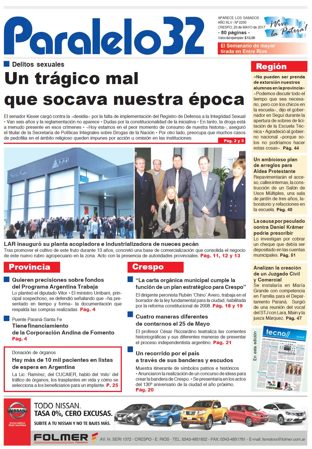 Esta es la tapa de este sábado de la edición Crespo de Paralelo 32