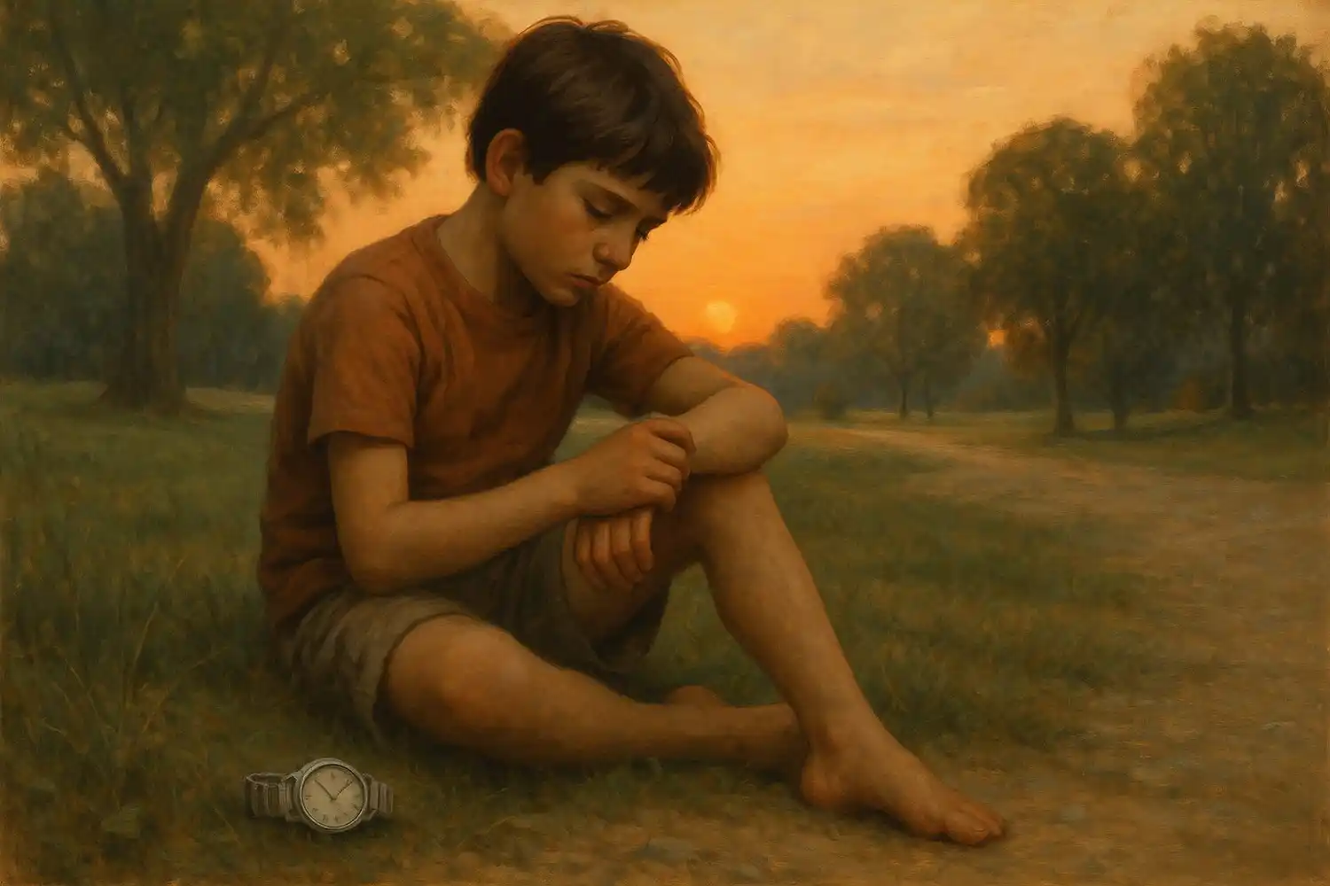 El reloj ya no está, pero el tiempo sigue ahí: entre el pasto, el cielo naranja y la infancia que no se olvida.