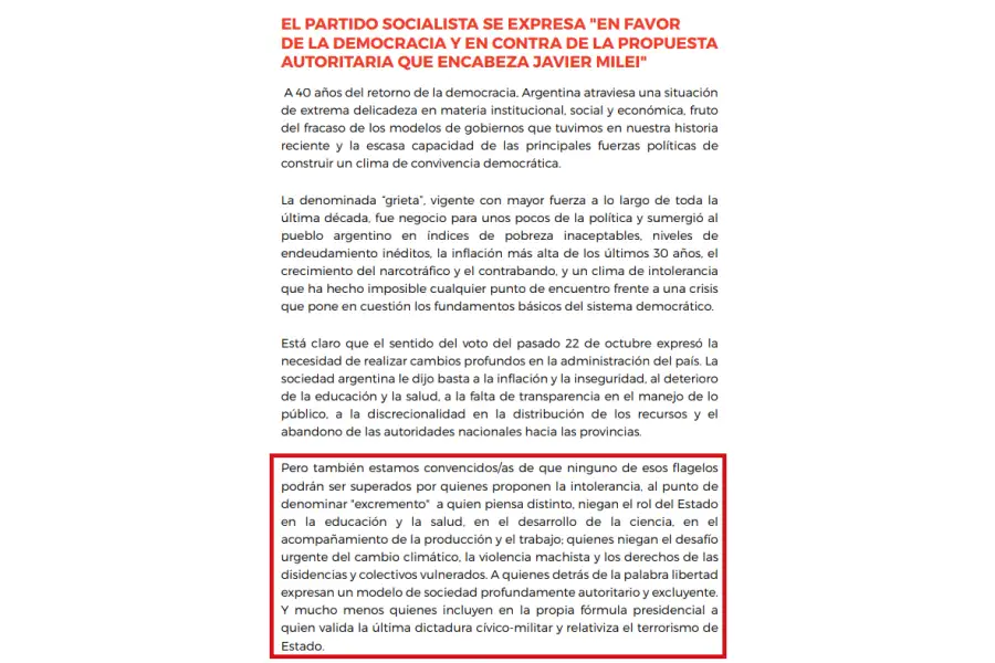 Comunicado del Partido Socialista