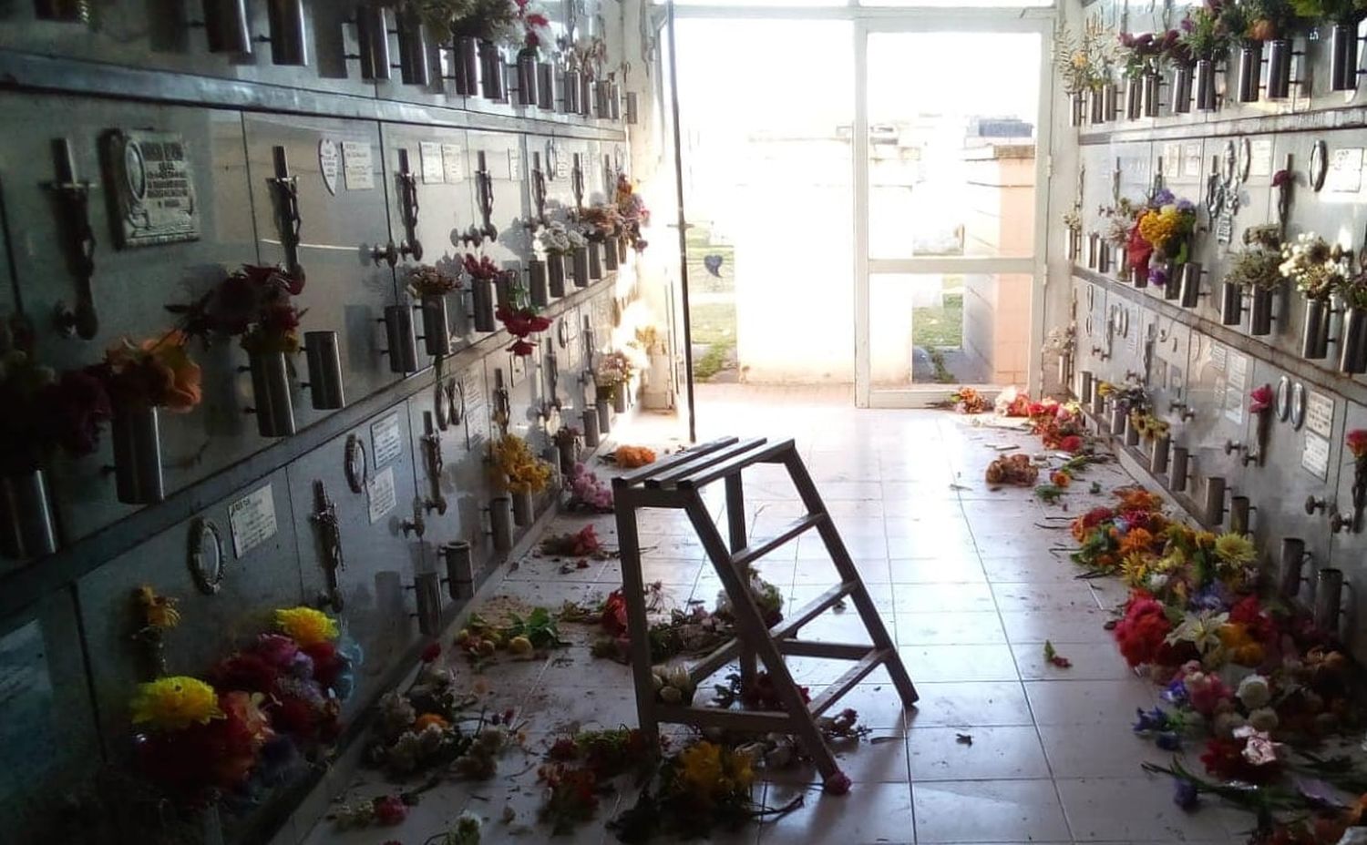 Sector de nichos, con flores esparcidas por el suelo a raíz de los destrozos. Foto: Comuna de Elortondo.